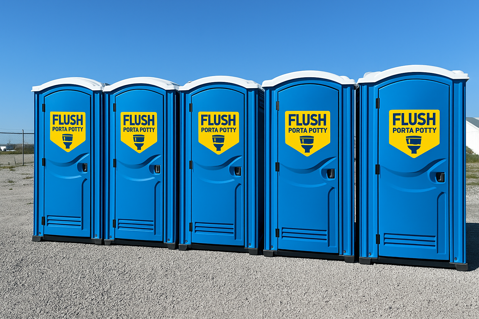Flush Porta Potty - Row of clean blue portable toilets with company logo