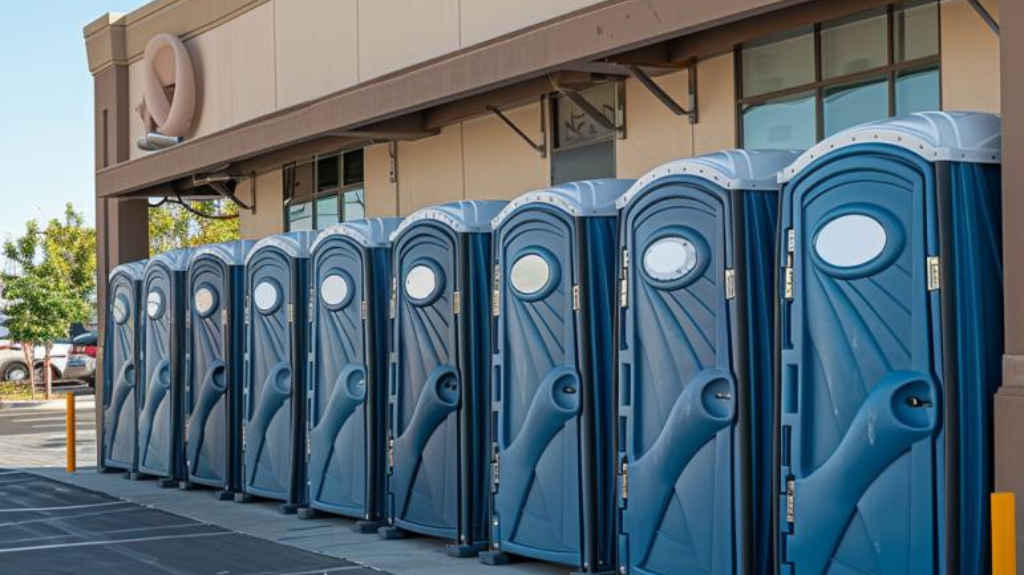Row of clean portable toilets